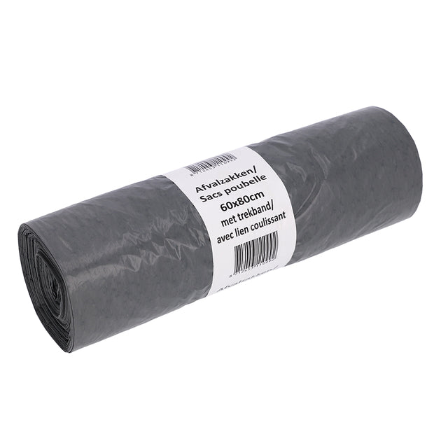 Cleaninq - Abfallbeutel 60x80cm LDPE recycelt T30 60L mit Kordelzug, graue Rolle mit 25 Stück