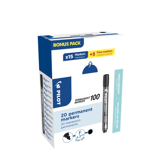 Pilot - Feutre 100 ronds fins noirs boîte de 15+5 offerte