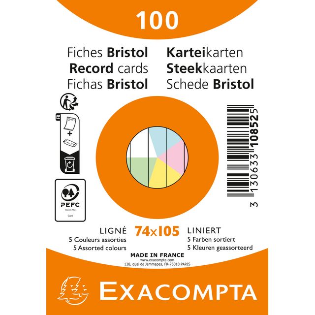 Exacompta - Flashcard 74x105mm Linie 5 Farben 100 Blatt