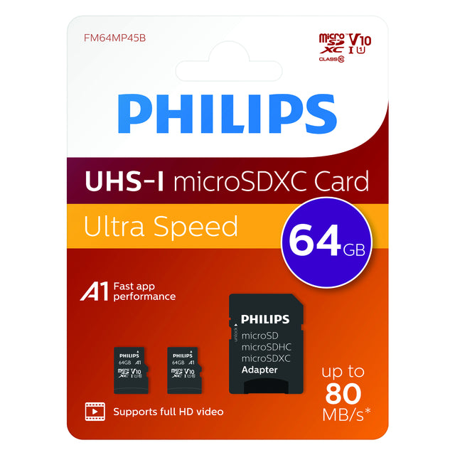 Philips - Carte mémoire micro SDXC Classe 10 UHS-I U1 64GB 2 pièces