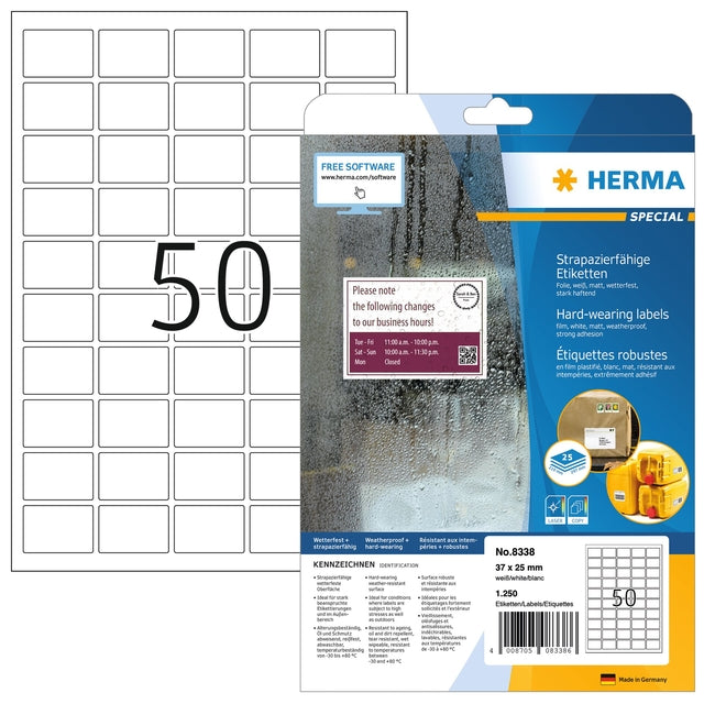 HERMA - Etiquette 8338 37x25mm blanc résistant aux intempéries 1250 étiquettes