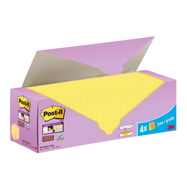 Post-it - 654-SSCY VP24 zelfklevend notitiepapier Vierkant Geel 90 vel Zelfplakkend