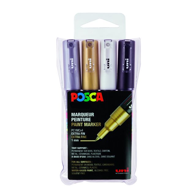 Posca - Marqueur peinture Uni PC-1MC, 0,7 1 mm, étui de 4 pièces, or, argent, blanc et noir