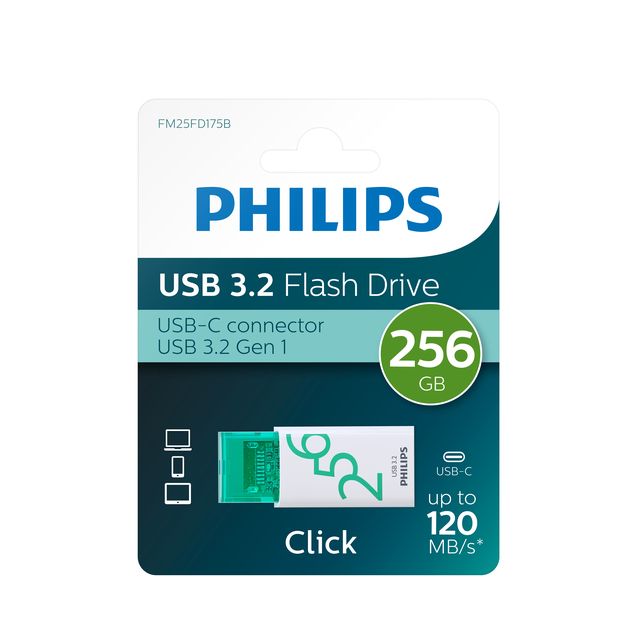 Philips - USB 3.2 256GB Click Series Gen 1 USB-C USB flash drive USB Type-A 3.2 Gen 1 (3.1 Gen 1) Wit