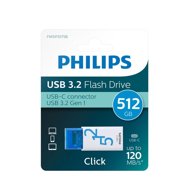 Philips - Clé USB Click USB-C 512 Go Bleu Océan