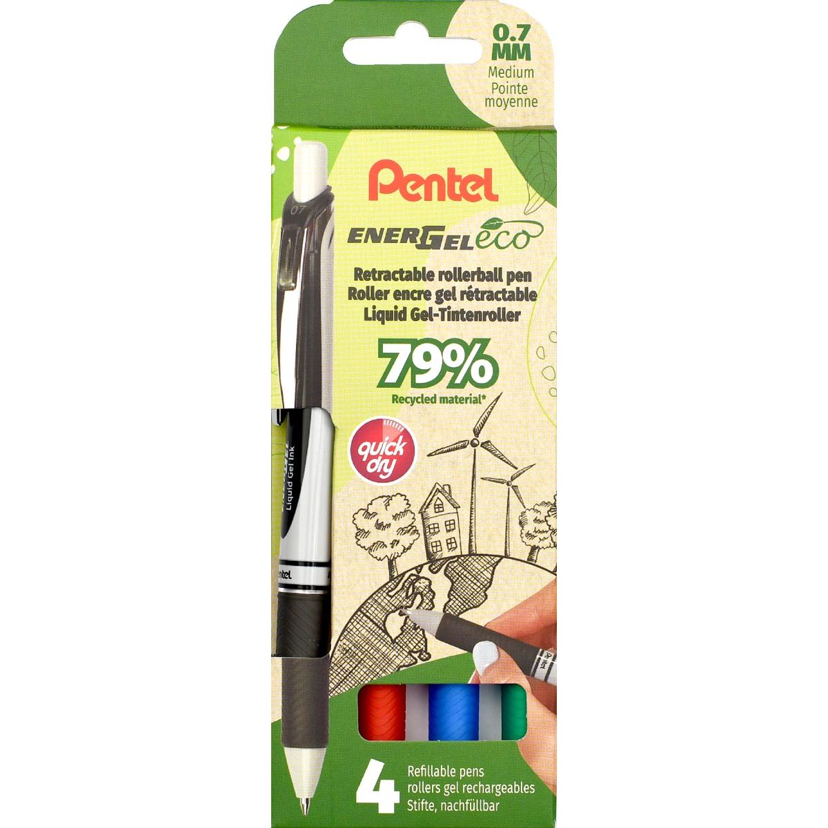 Pentel - rouleau Energel BL77E-4, 0,7 mm, assorti, lot de 4 pièces