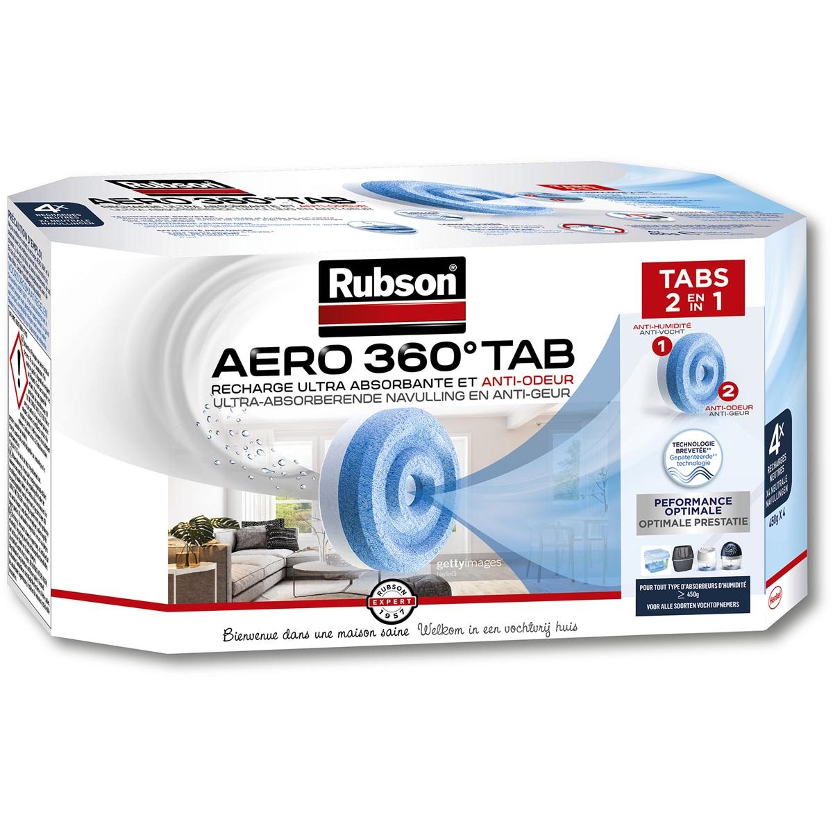 Rubson - Nachfüllpackung für Luftentfeuchter AERO 360, Schachtel mit 4 Tabs à 450 Gramm, neutral