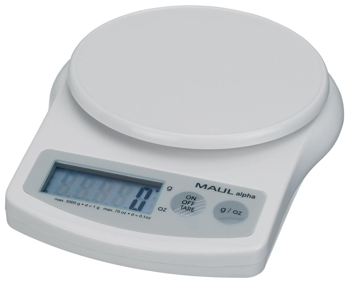 Maul - postweegschaal Alpha, weegt tot 5 kg, gewichtsinterval van 1 gram, incl. batterij, wit