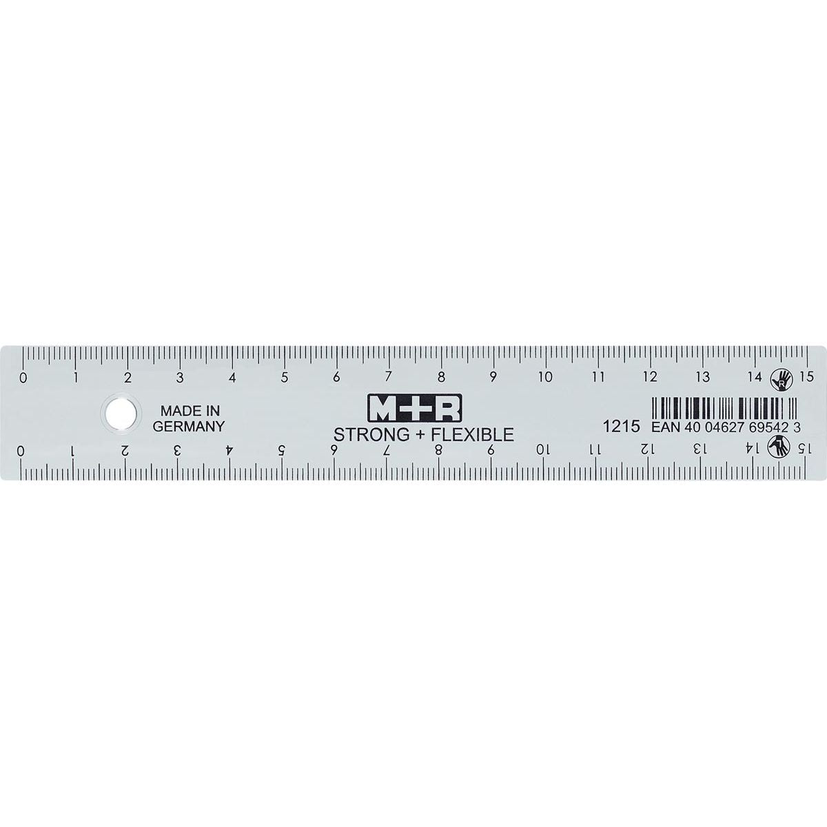 M+R - Strong Flexibel lat, met schaalverdeling voor recht- en linkshandigen, 15 cm, transparant