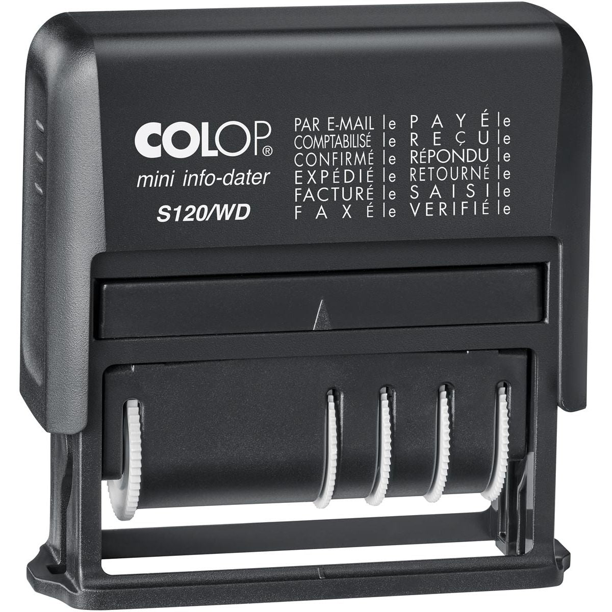 Colop - tekststempel Mini-Info Dater S 120/WD, met datum en 12 verschillende woorden, frans
