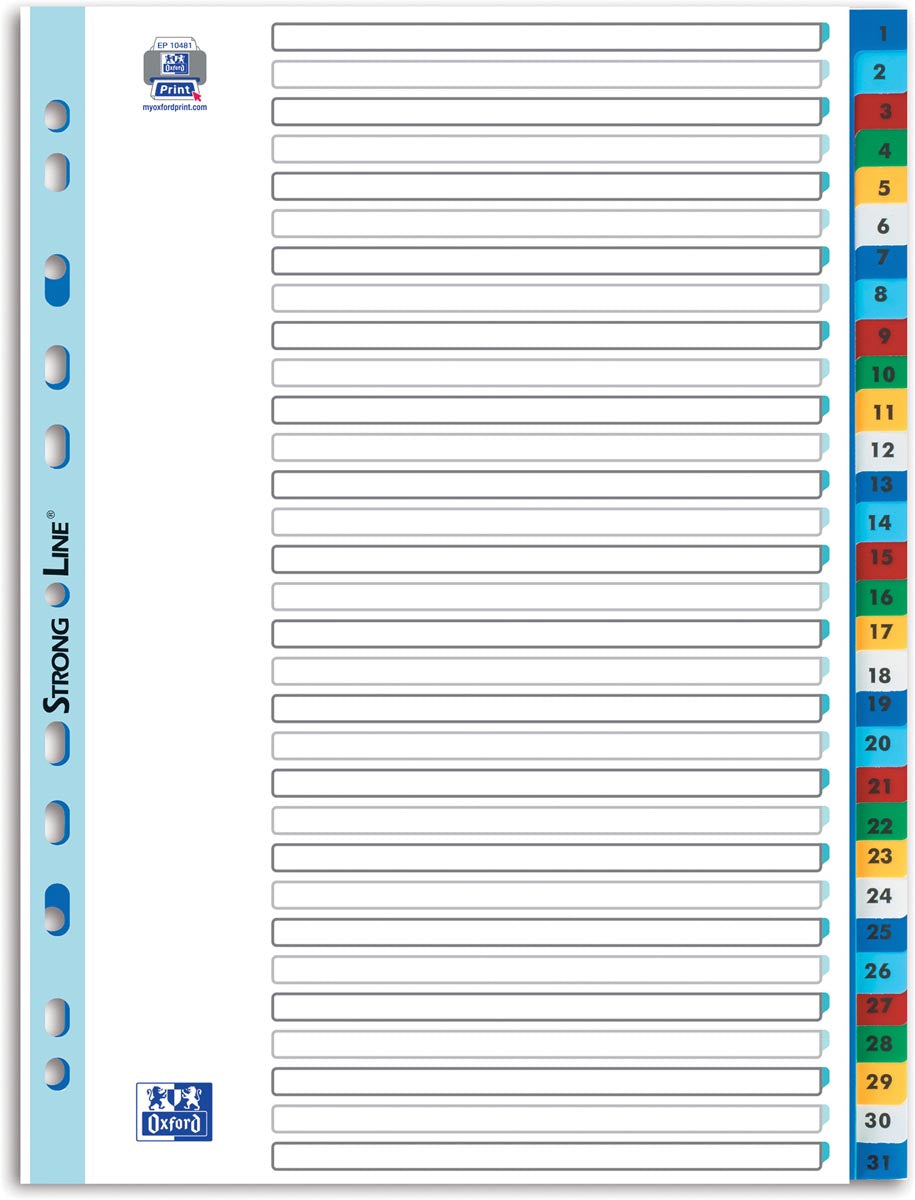 Oxford - tabbladen, formaat A4, uit PP, 11-gaatsperforatie, gekleurde tabs, set 1-31