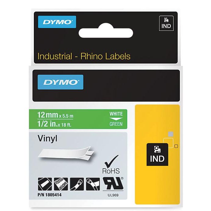Dymo - RHINO vinyle 12 mm, blanc sur vert
