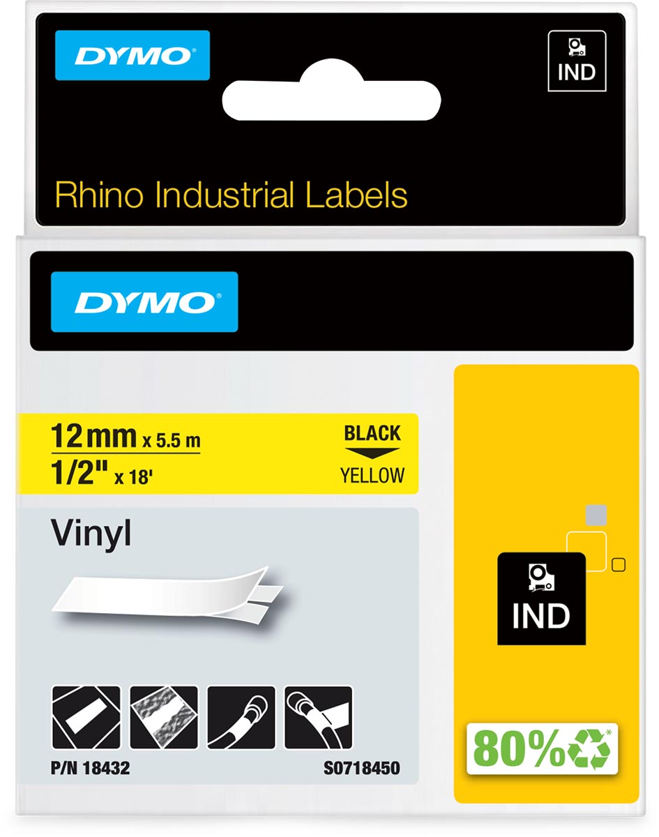 Dymo - Vinyle industriel Labele Rhino 12mm noir sur jaune