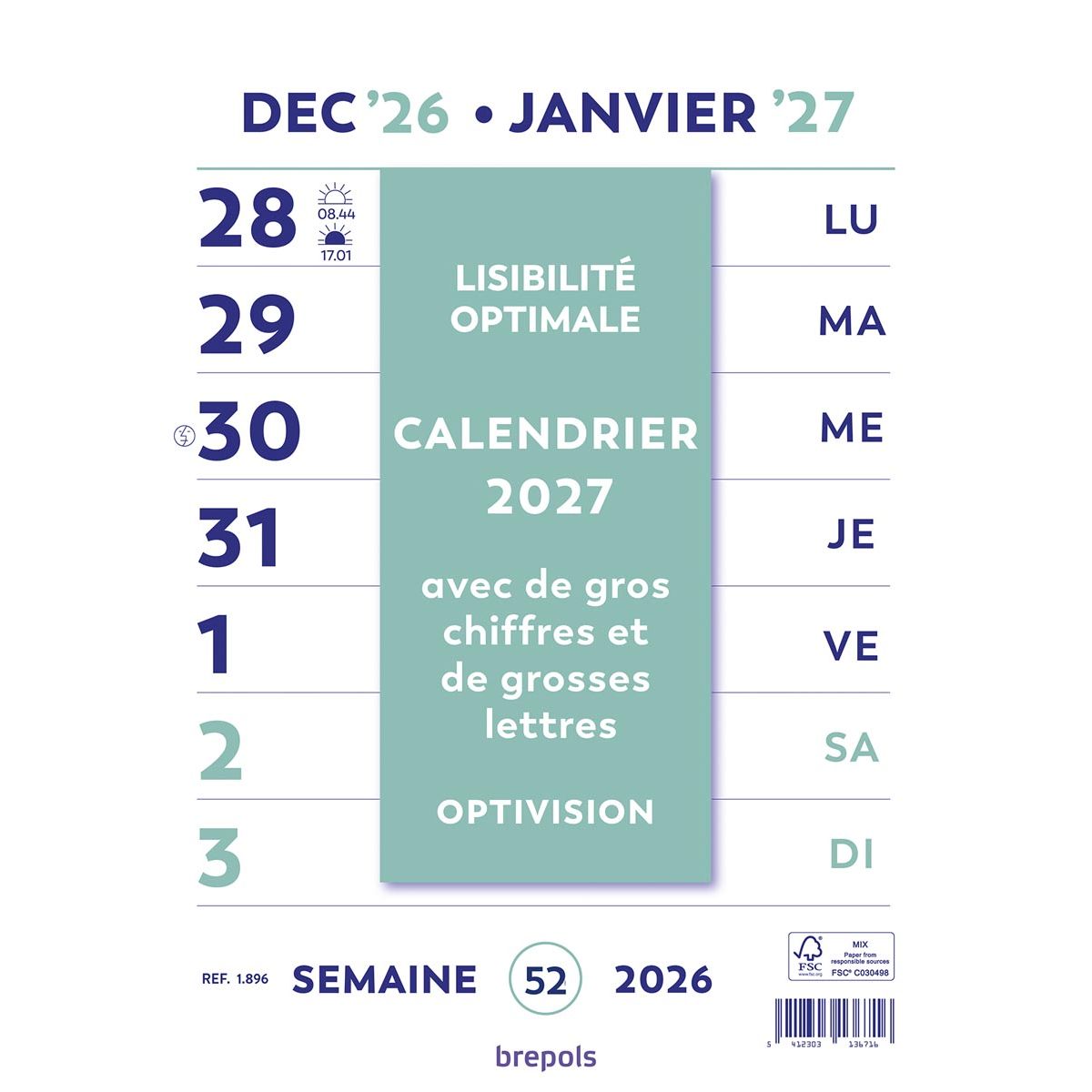 Brepols - Calendrier Optivision Wall-week, Français, 2026