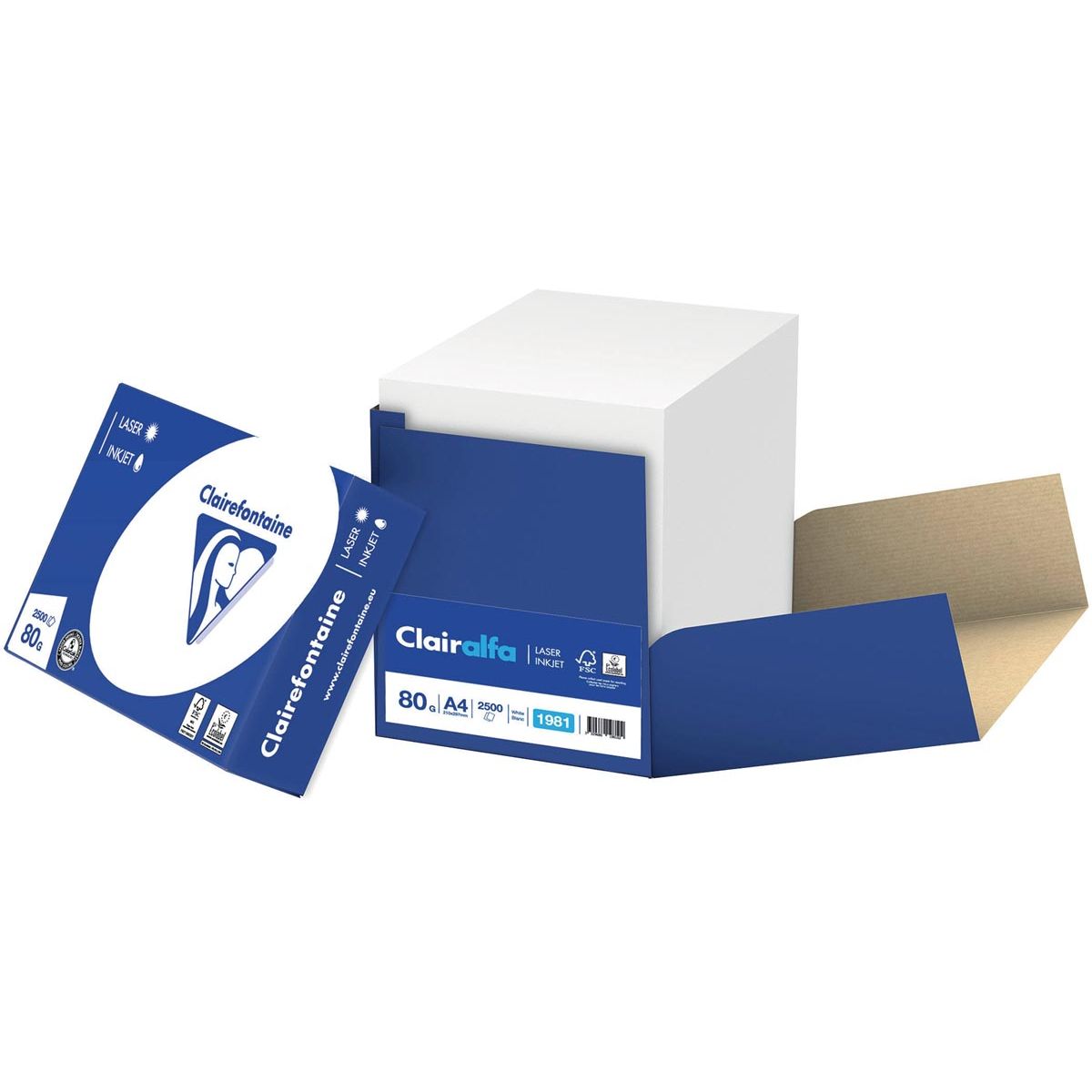 Clairefontaine - Clairalfa-Druckpapier ft A4, 80 g, Karton mit 2500 Blatt