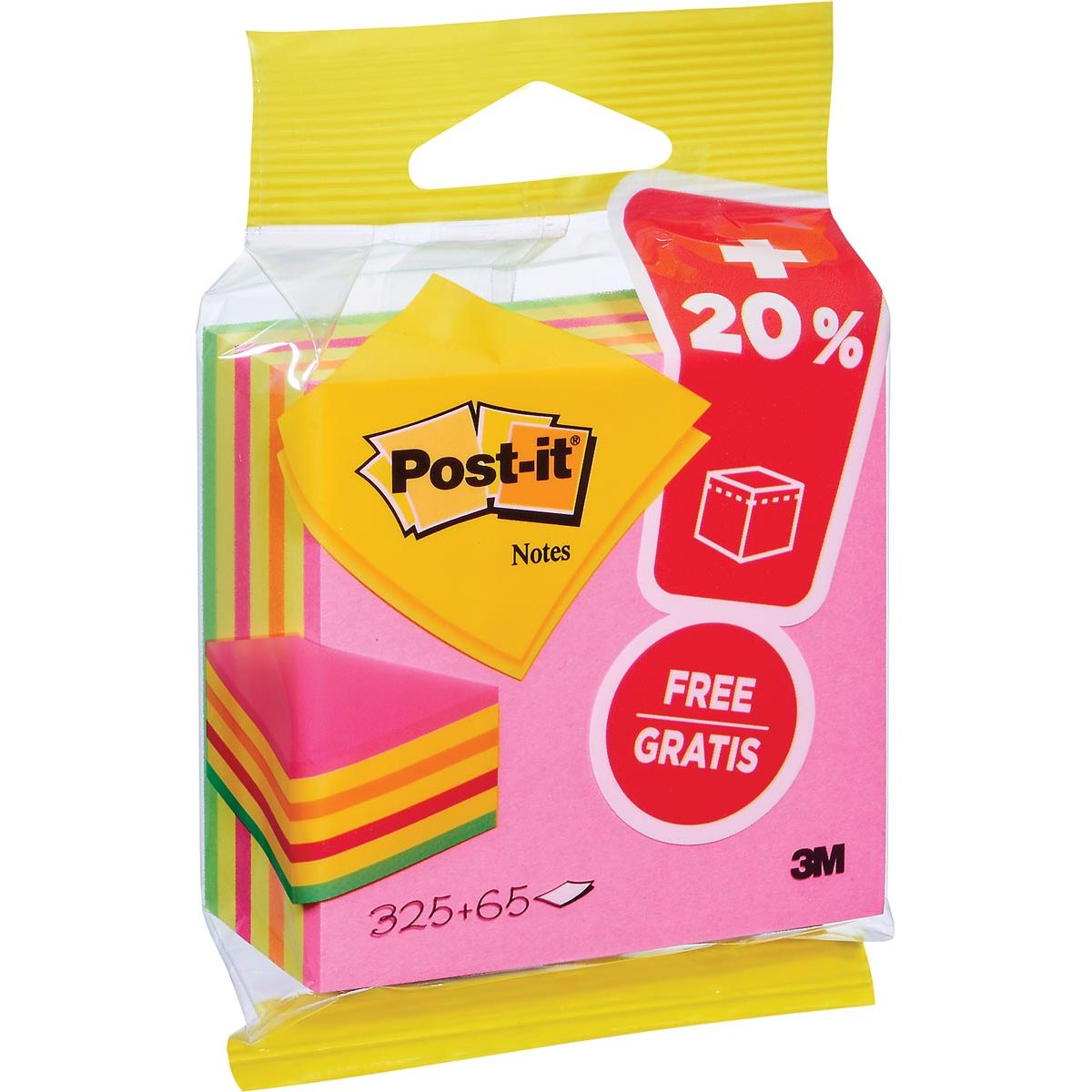 Post-it - Notes kubus ft 76 mm x 76 mm, Neon, blok van 325 + 65 vel gratis, op blister