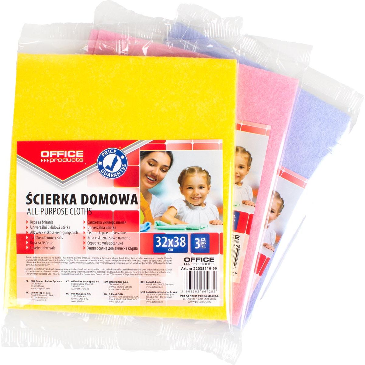 OFFICE products - huishouddoekjes, universeel, 32 x 38 cm, geassorteerde kleuren, pak van 3 stuks