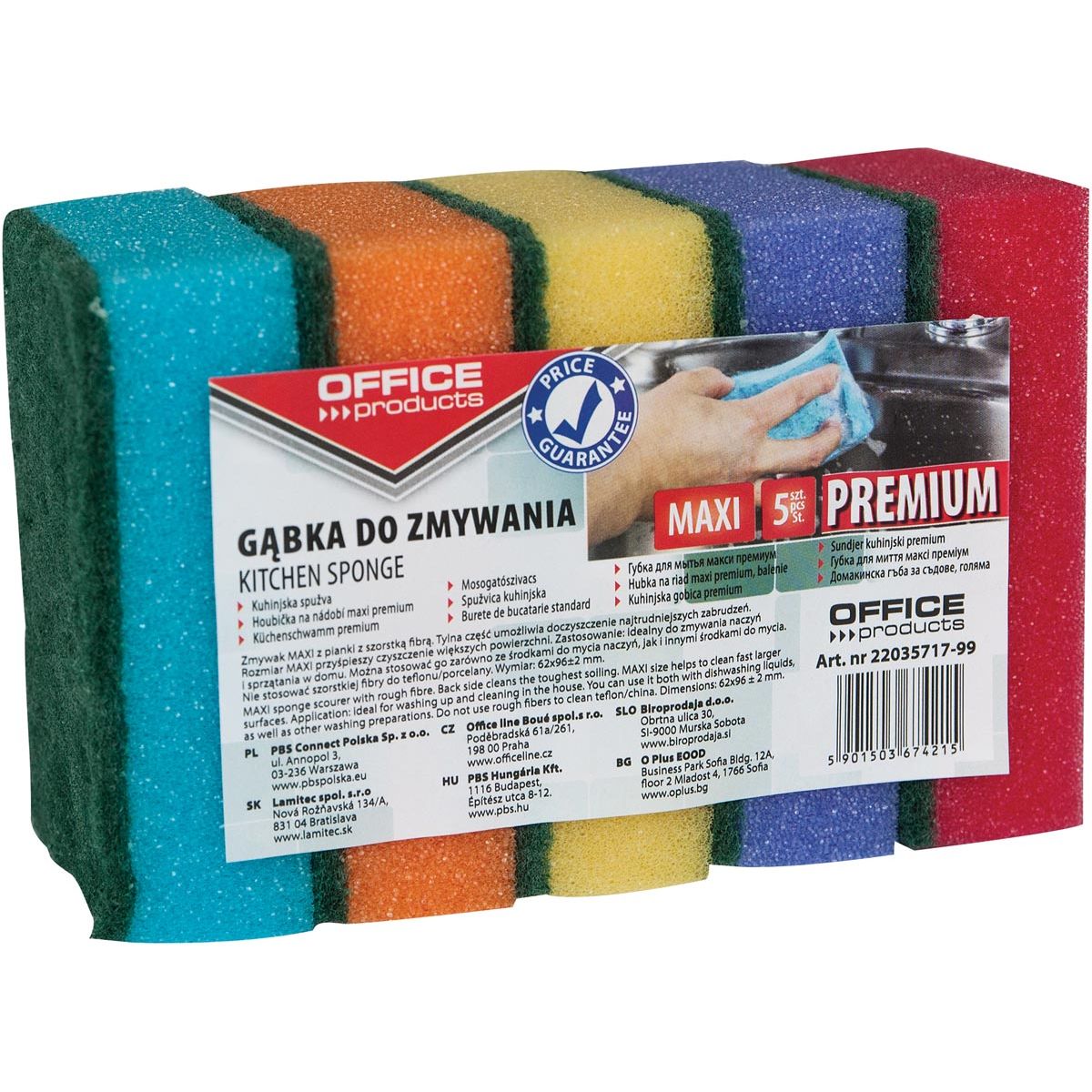 OFFICE products - schuurspons, 6,2 x 9,6 cm, pak van 5 stuks in geassorteerde kleuren