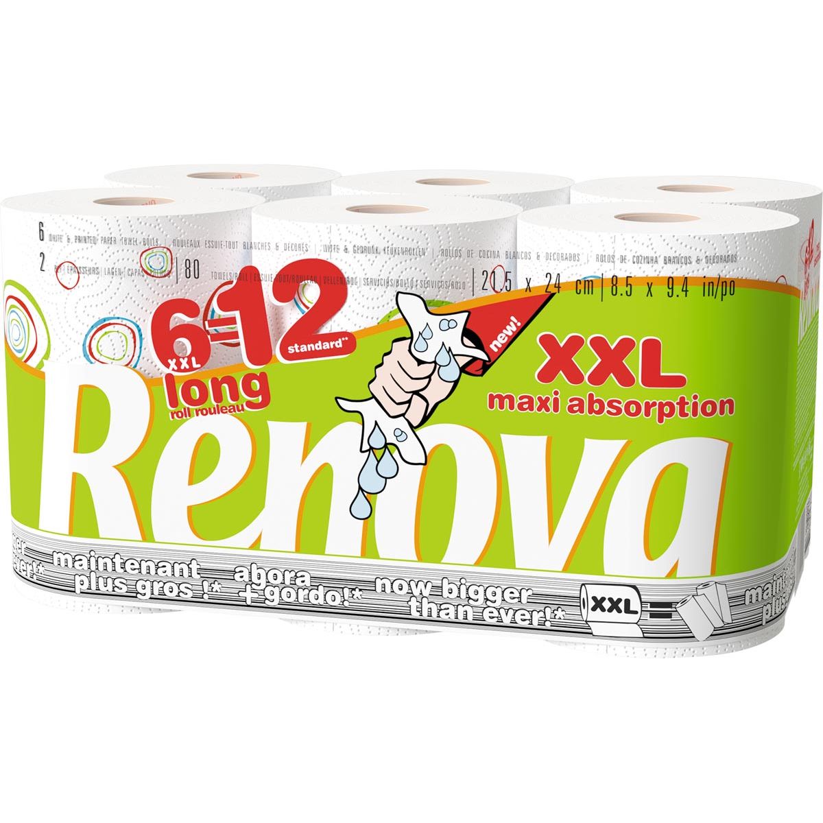 Renova - Küchenpapier Maxi Absorption XXL, 2-lagig, 80 Blatt pro Rolle, Packung mit 6 Rollen