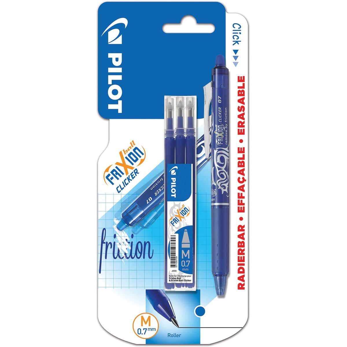 Pilot - rouleau gel Frixion Ball Clicker, blister de 4 pièces (1 rouleau gel + 3 recharges), bleu