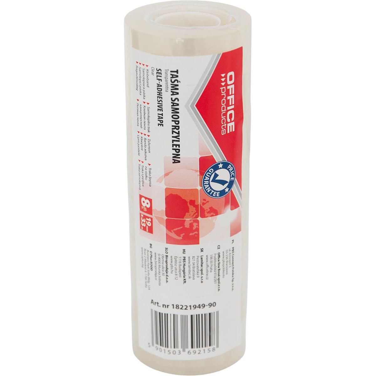 OFFICE products - plakband, 19 mm x 33 m, transparant, pak van 8 stuks