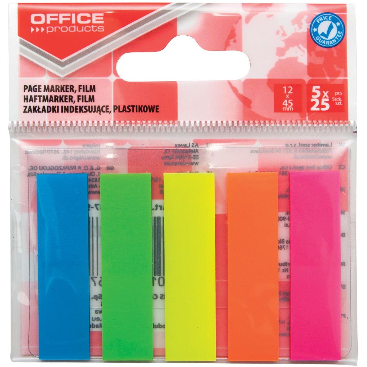 OFFICE products - index, 12 x 45 mm, ophangzakje van 5 x 25 tabs, geassorteerde kleuren