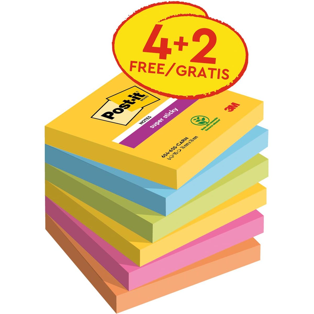 Post-it Super Sticky - Super Sticky notes Carnival, 90 vel, ft 76 x 76 mm, 4 + 2 GRATIS