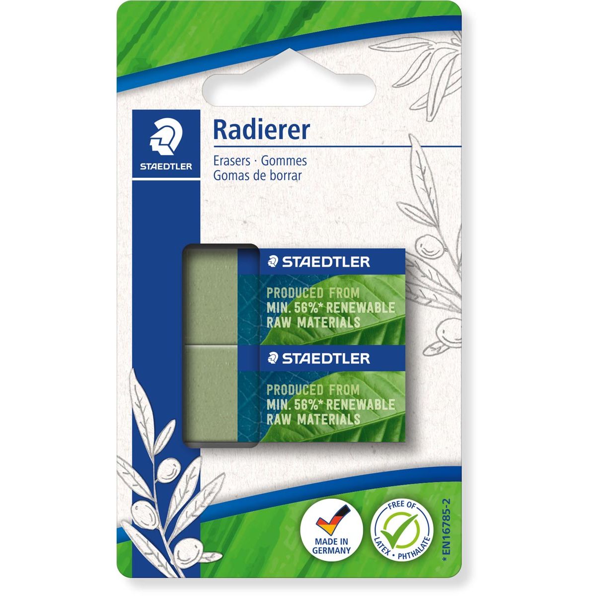 Staedtler - Radiergummi Eco, olivgrün, ft 43 x 19 x 13 mm, Blister mit 2 Stück