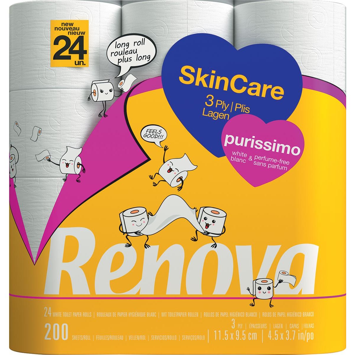 Renova - Purissimo Toilettenpapier, 3-lagig, 200 Blatt, Packung mit 24 Rollen