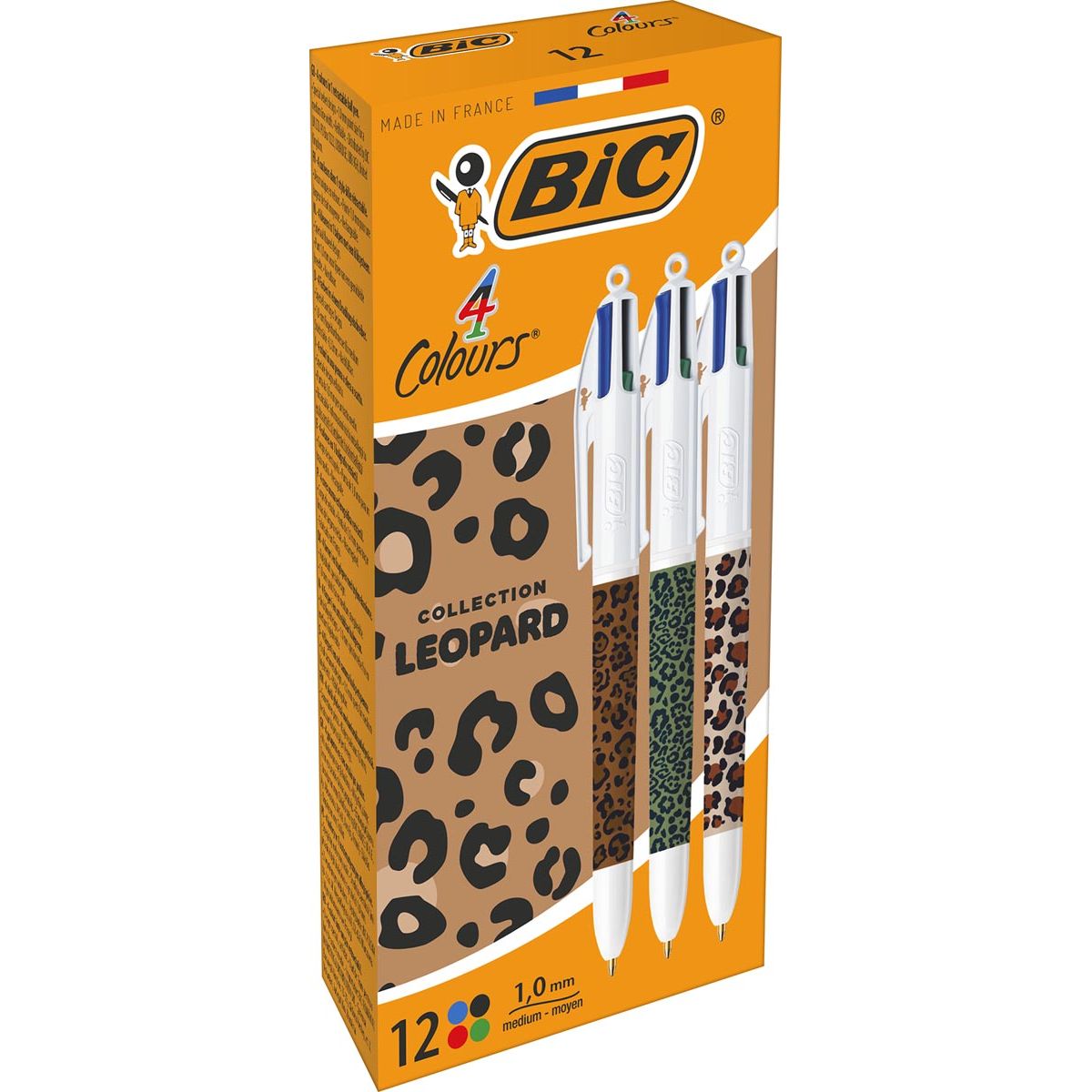 BIC - 4-kleurenbalpen Leopard, doos van 12 stuks, assorti