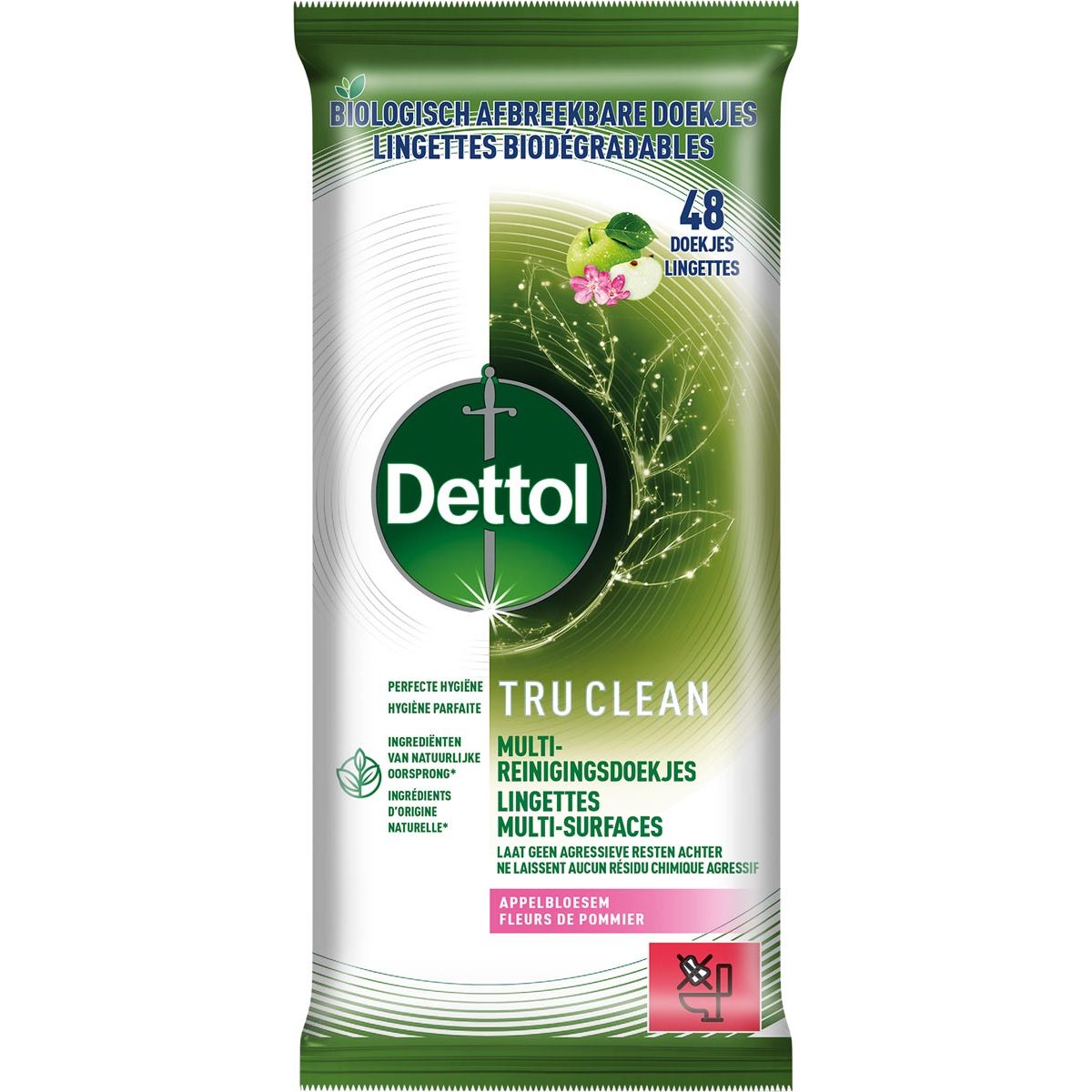 Dettol - lingettes nettoyantes TruClean, fleur de pommier, paquet de 48 pièces