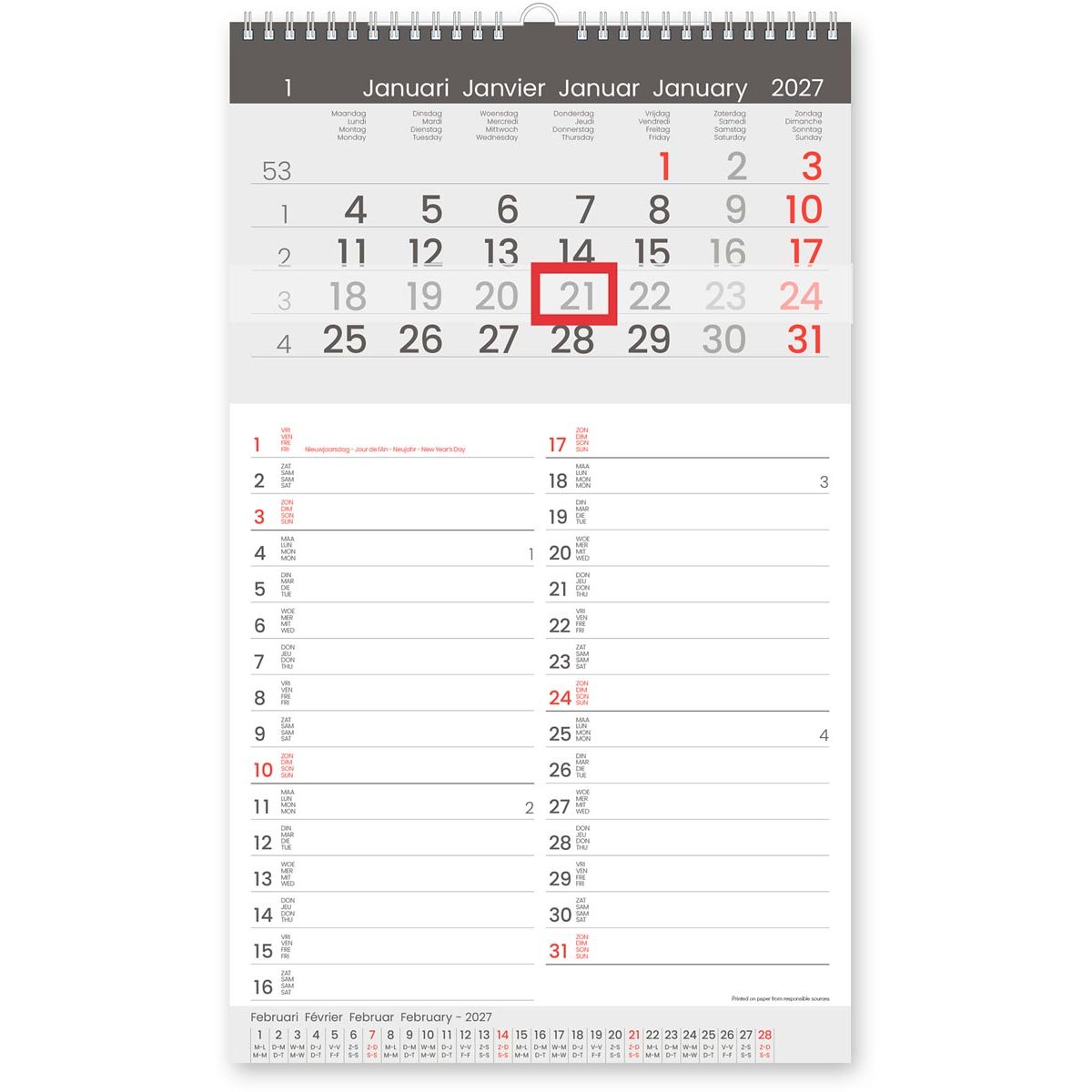 Boîte blanche - Calendrier mensuel Memo-Manager, quatre langues, 2026