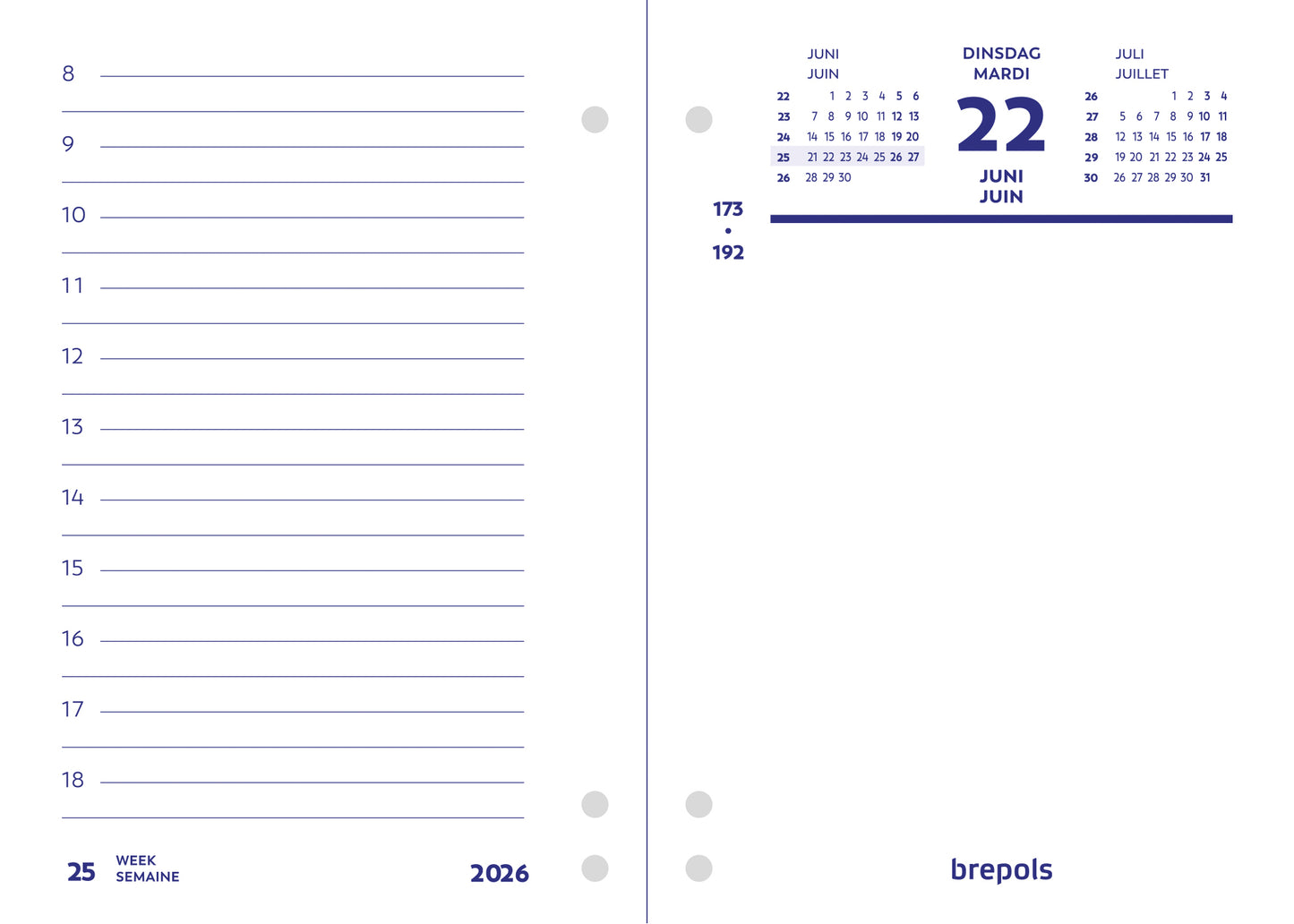 Brepols - Bloc de dérivation 2026 1 jour/2 pages perforation universelle