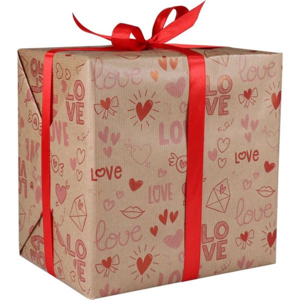 Cadeaupapier 30cm 200m 80gr/m bruin kraft Love rood