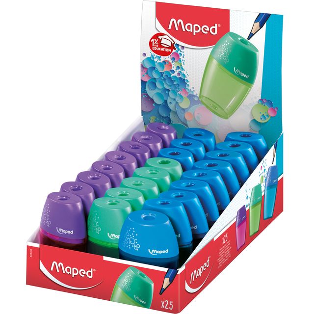 Maped - Taille-crayon Shaker Présentoir 1 trou de 25 pièces assorties