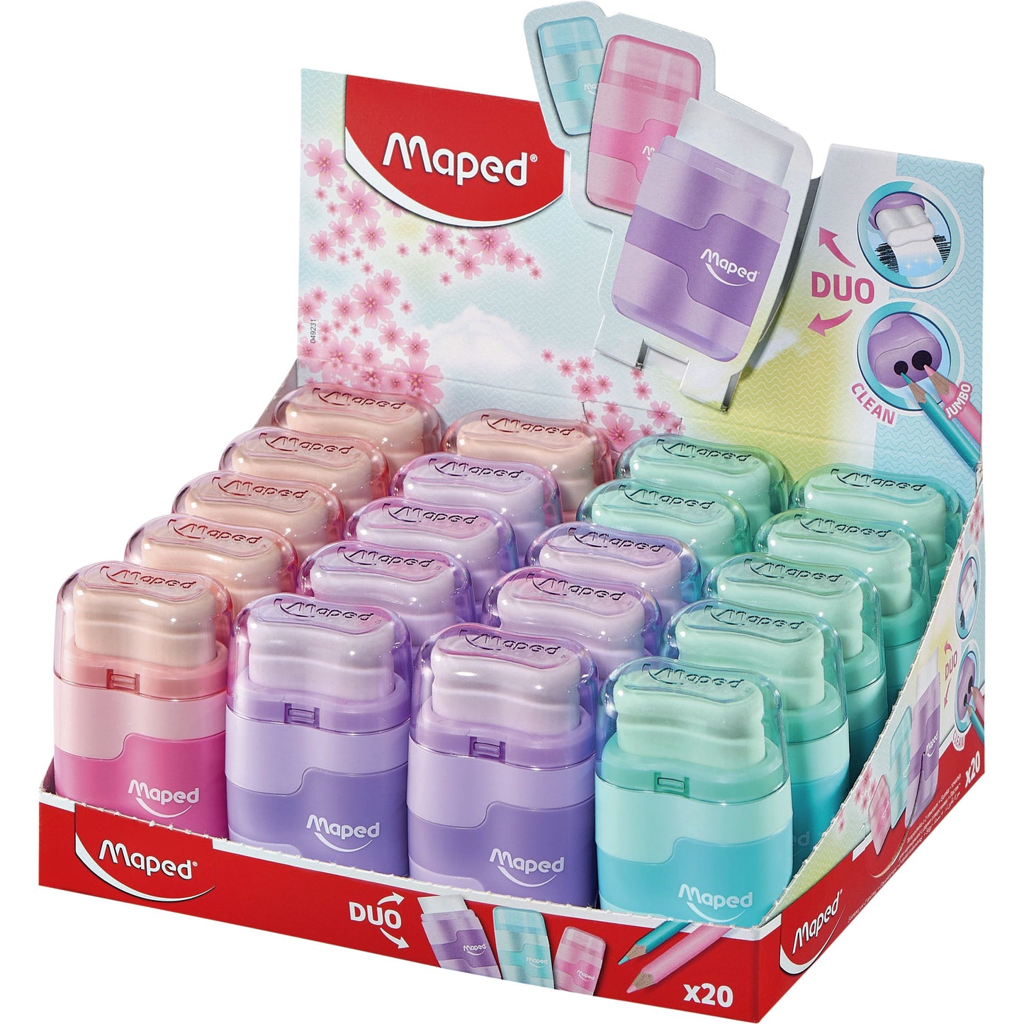 Maped - Taille-crayon Connect 2 trous avec gomme présentoir de 20 pièces pastel assortis | 20 pièces