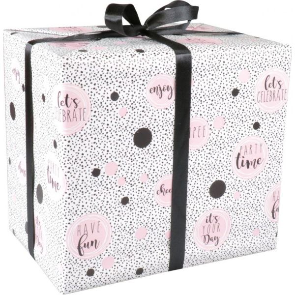 Klika - Geschenkpapier | 50cm | 100m | 80gr/m² | Partyzeit | weiß/schwarz/rosa