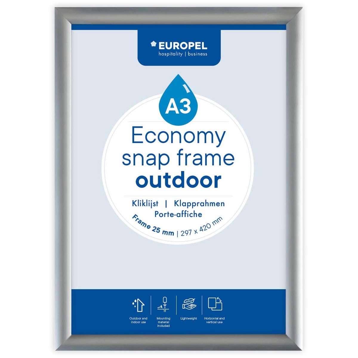 Europel – Pel-Klickrahmen Economy, wasserfest, Rahmen 25 mm, ft A3, silber