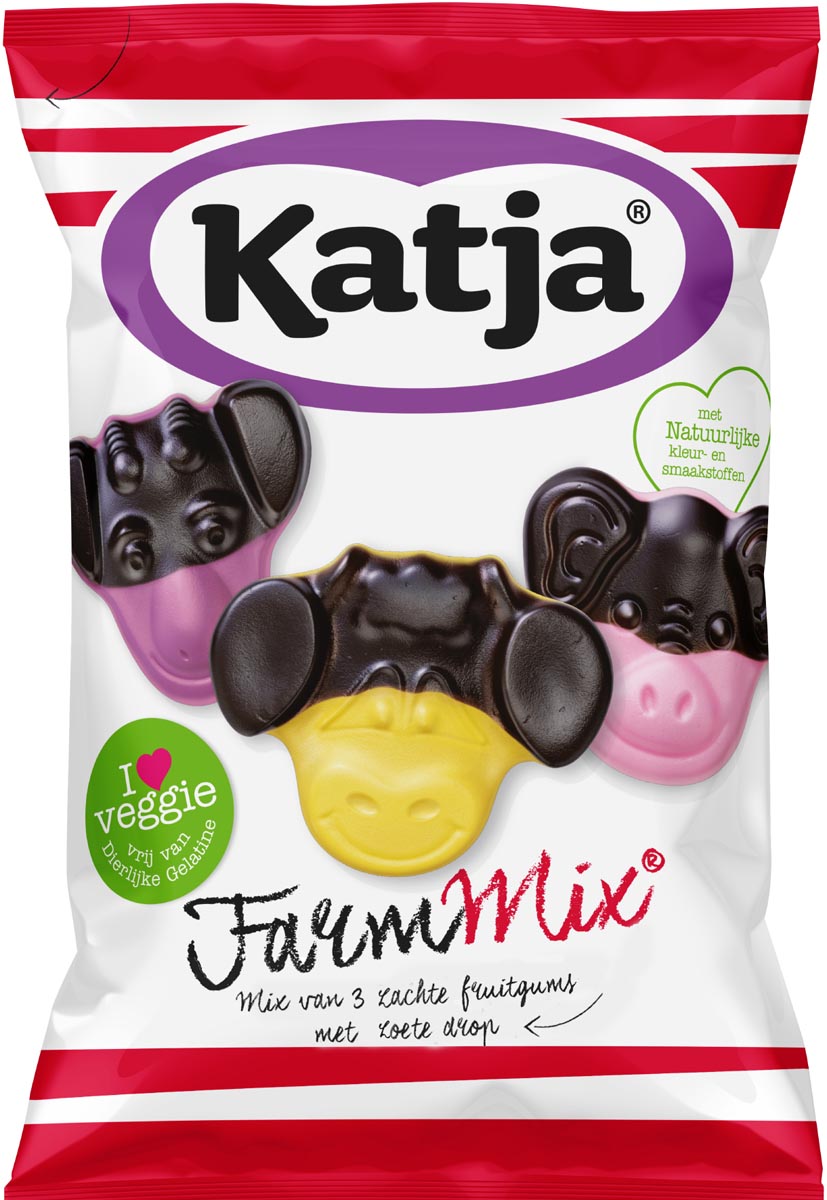 Katja - Farm Mix snoep, mix van 3 zachte fruitgums met zoete drop, zak van 255 g