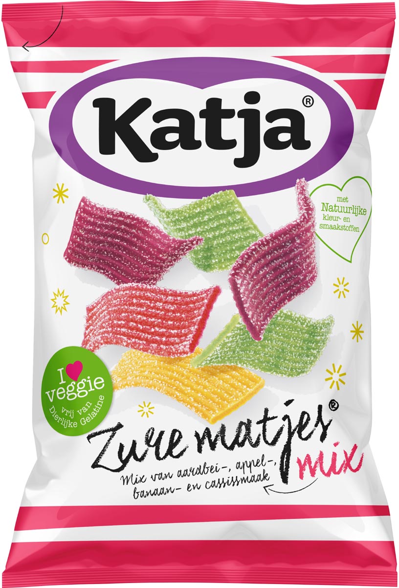 Katja - Zure Matjes snoep, mix van aardbei-, appel-, banaan- en cassissmaak, zak van 250 g