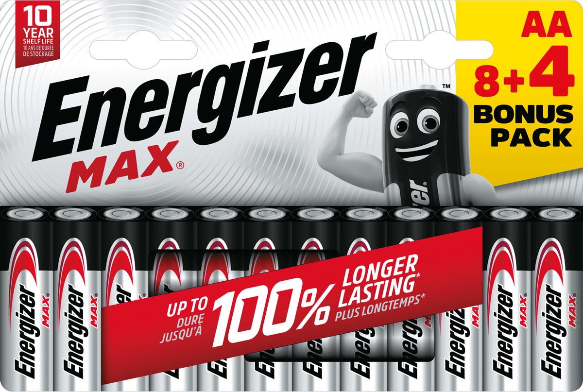 Energizer - batterijen Max AA, blister van 8 stuks + 4 stuks gratis