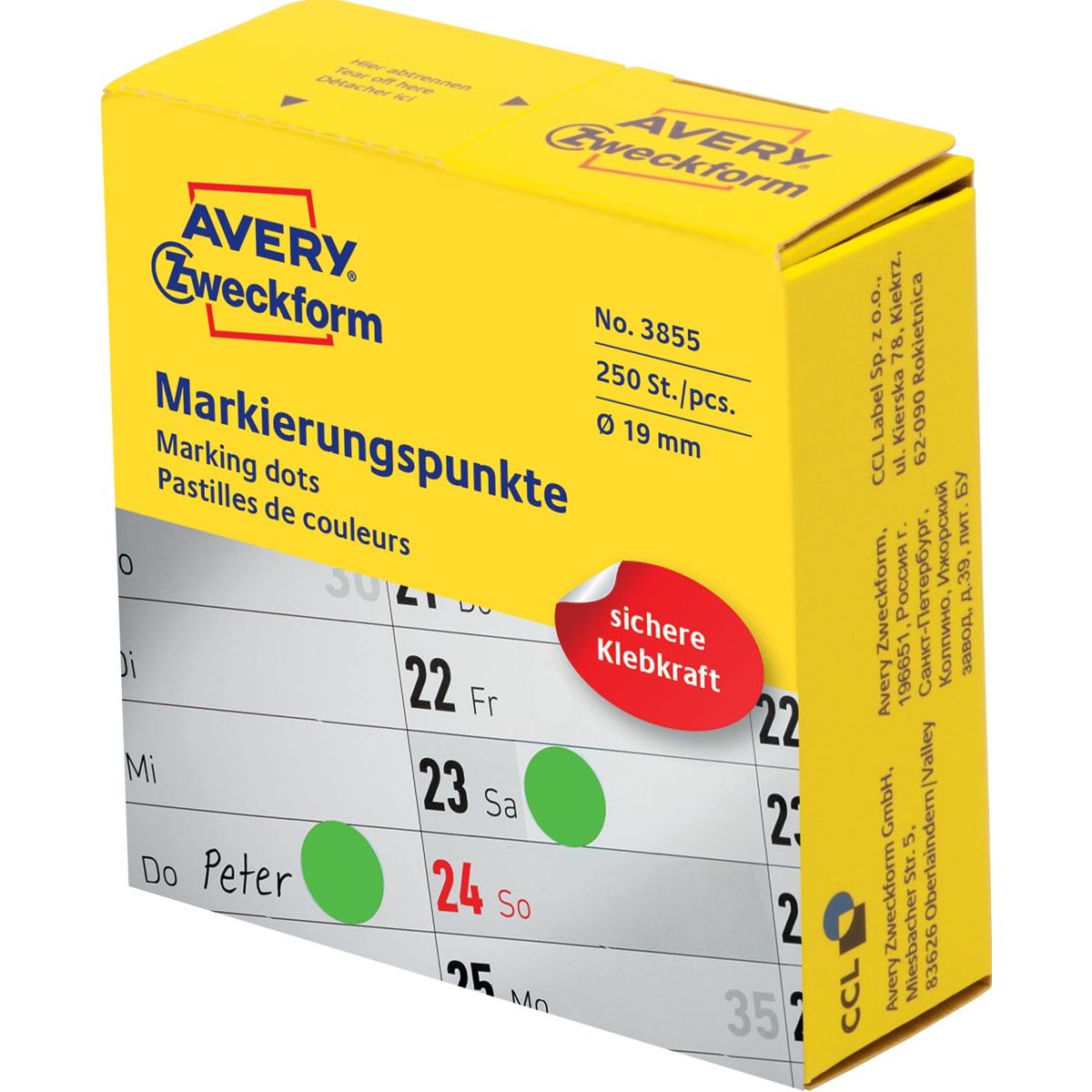Avery - Markierungspunkte, Durchmesser 19 mm, Rolle mit 250 Stück, grün