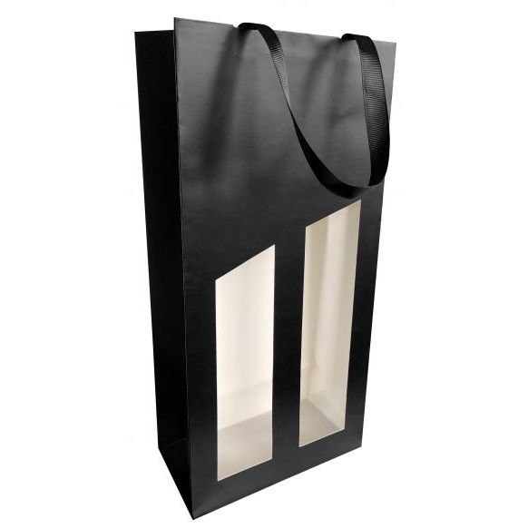 Timmerspackaging - Sac pour bouteille de vin 2 bouteilles 19x9,5X38,5cm Séduction noir enduit avec fenêtre 10 pièces