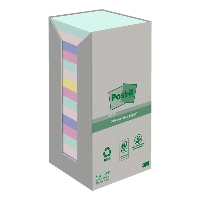 Post-it - Notizblock 654-RTP 76x76mm recycelter Regenbogenpastell 16 Stück
