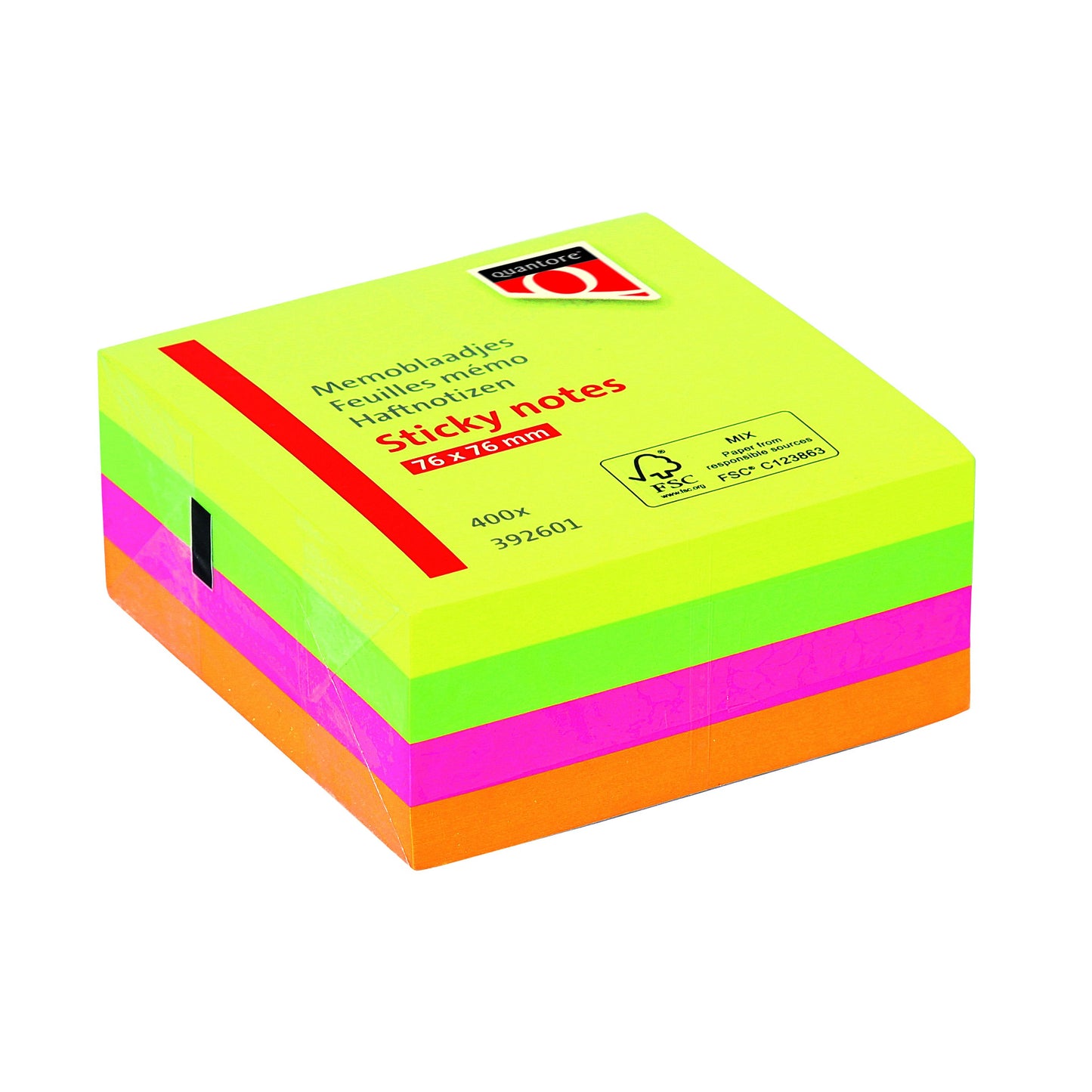Quantore - Bloc mémo 76x76mm couleurs fluo assortis 4 couleurs 400 feuilles | 6 pièces