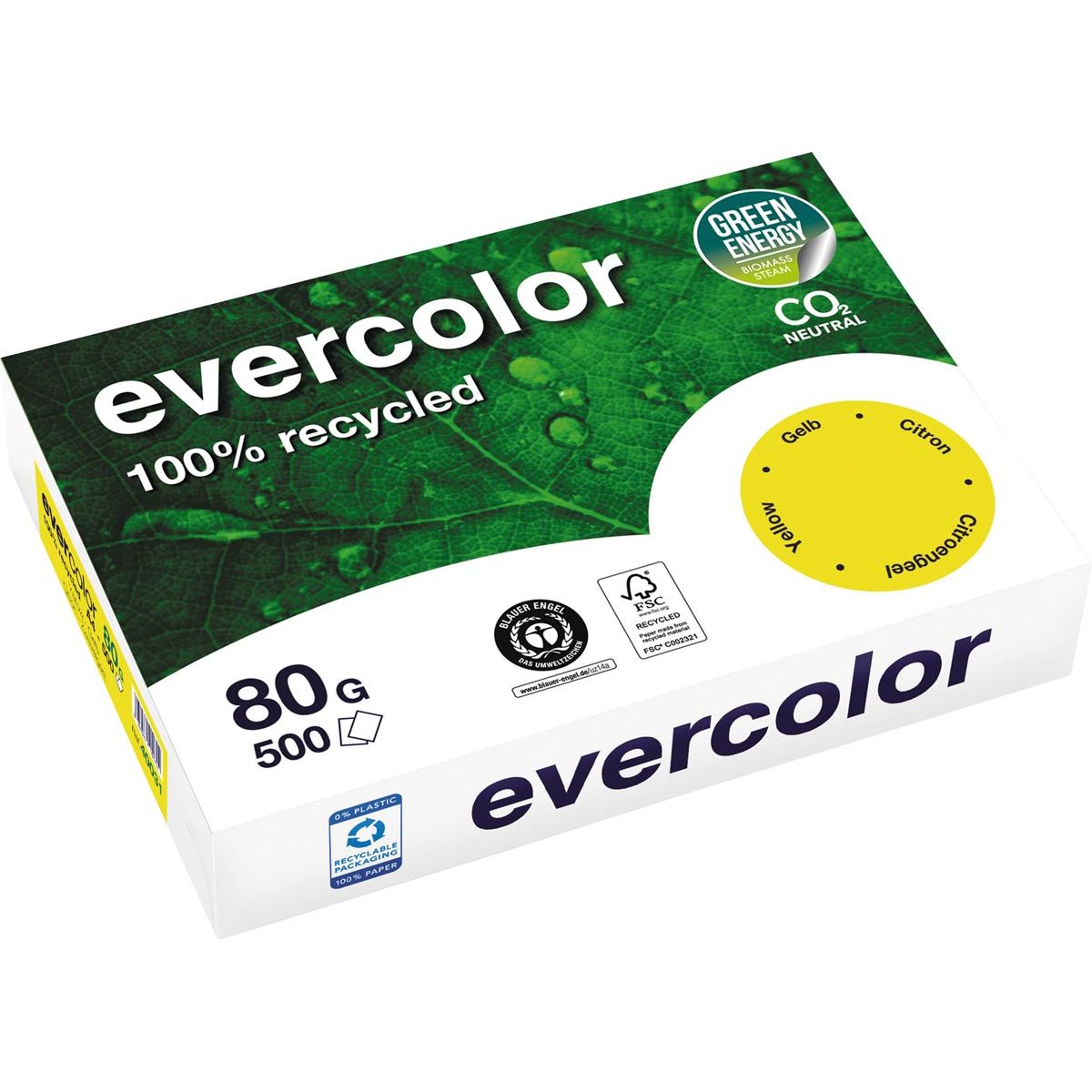 Clairefontaine - Evercolor, farbiges Recyclingpapier, A4, 80 g, 500 Blatt, Zitronengelb