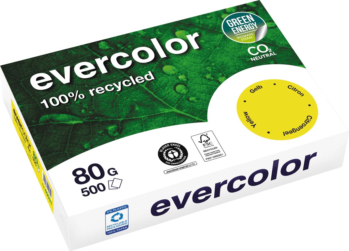 Clairefontaine - Evercolor, farbiges Recyclingpapier, A4, 80 g, 500 Blatt, Zitronengelb