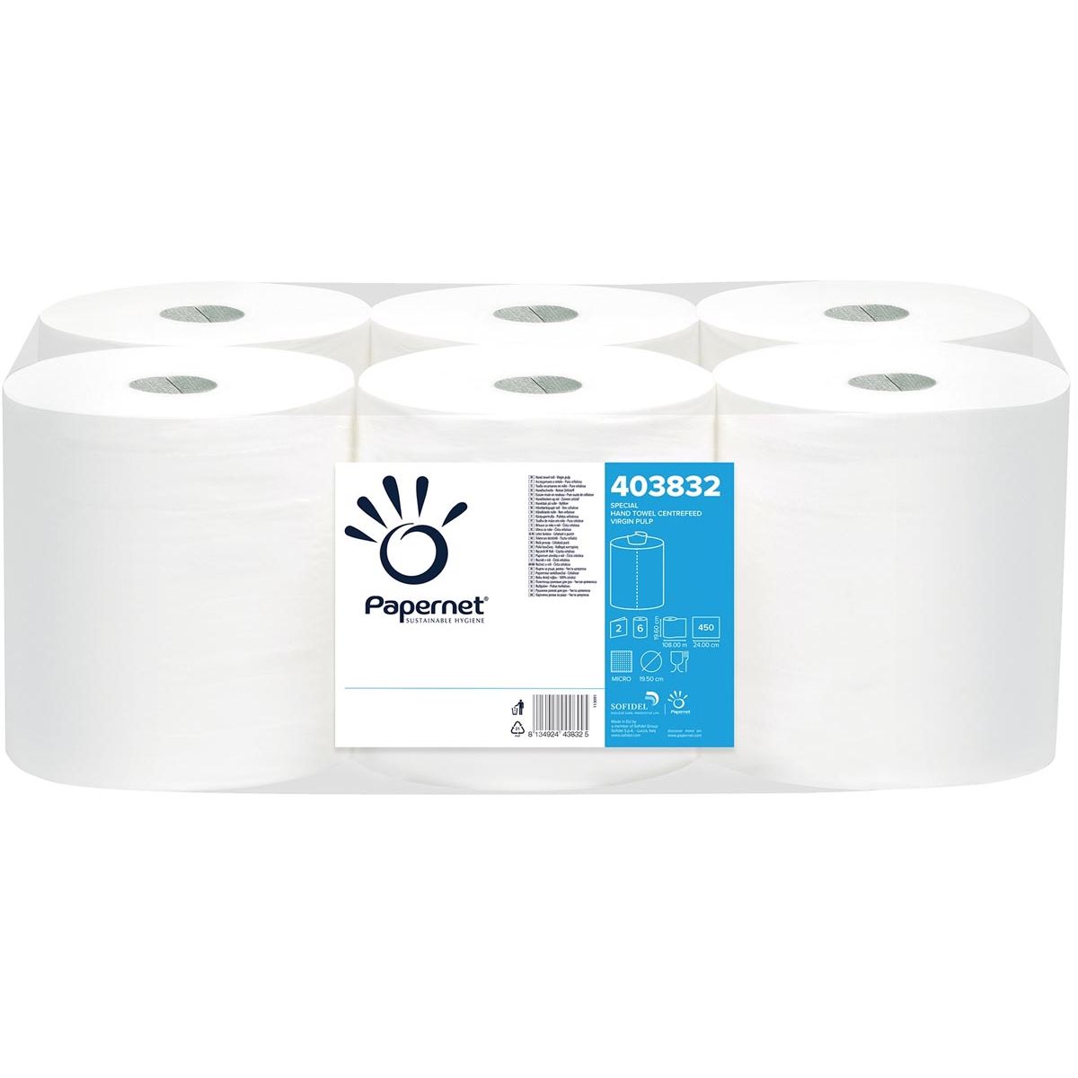 Papernet - Papierhandtücher Maxi Centerfeed, 2-lagig, 108 m, 450 Blatt, Packung mit 6 Rollen