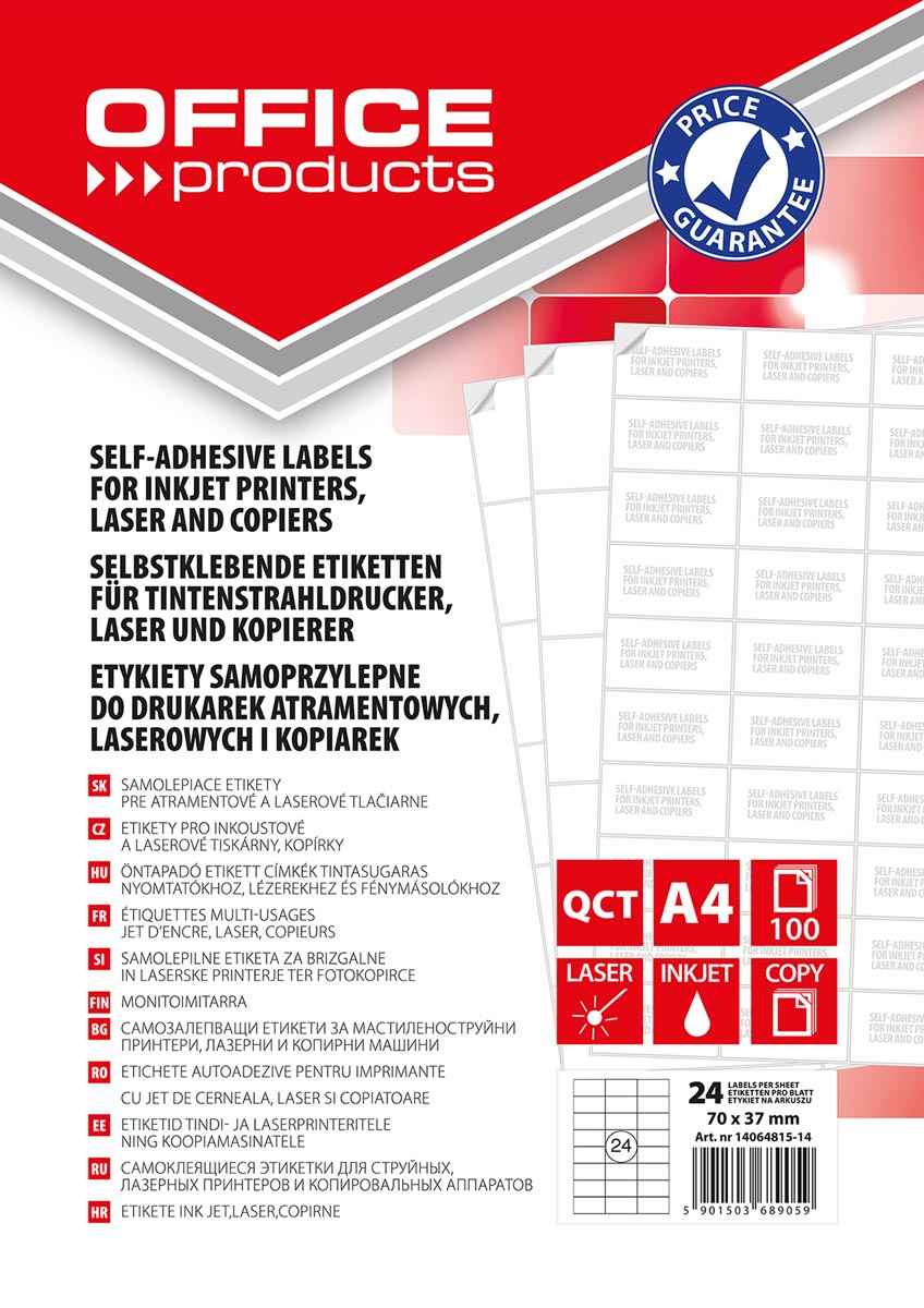 Produits OFFICE - étiquettes, blanches, coins droits, 100 feuilles, 70 x 37 mm, 24 étiquettes par feuille