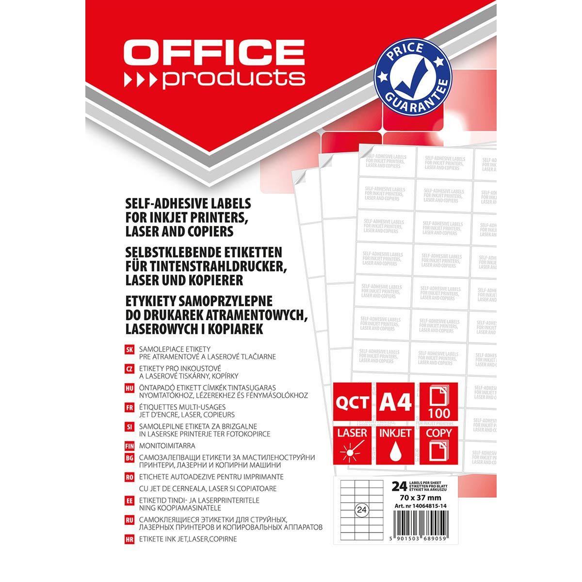 OFFICE products - etiketten, wit, rechte hoeken, 100 vel, 70 x 37 mm, 24 etiketten per vel